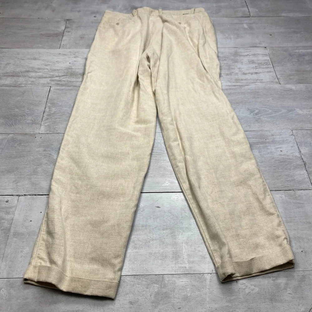Dockers Linen Cotton Pleated Pants Mens 38x36 Beige Khaki Cuffed Summer Trousers